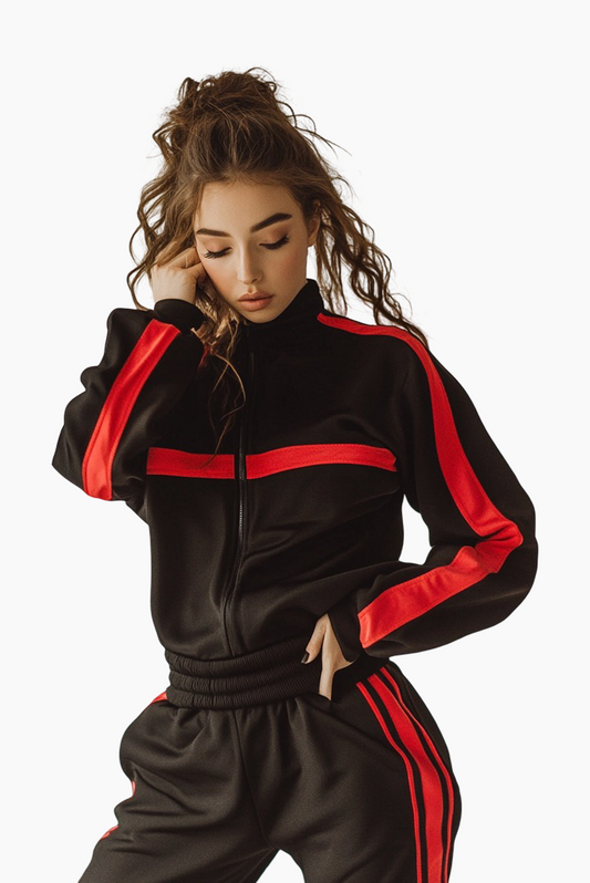 Athletic Track Jacket & Pants Set - Black & Red